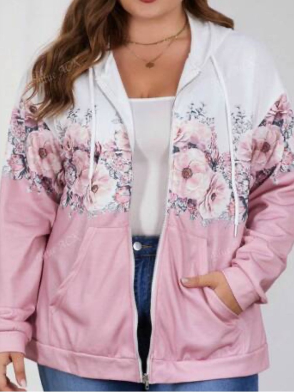 Women's Pink & White Floral Zip Hoodie